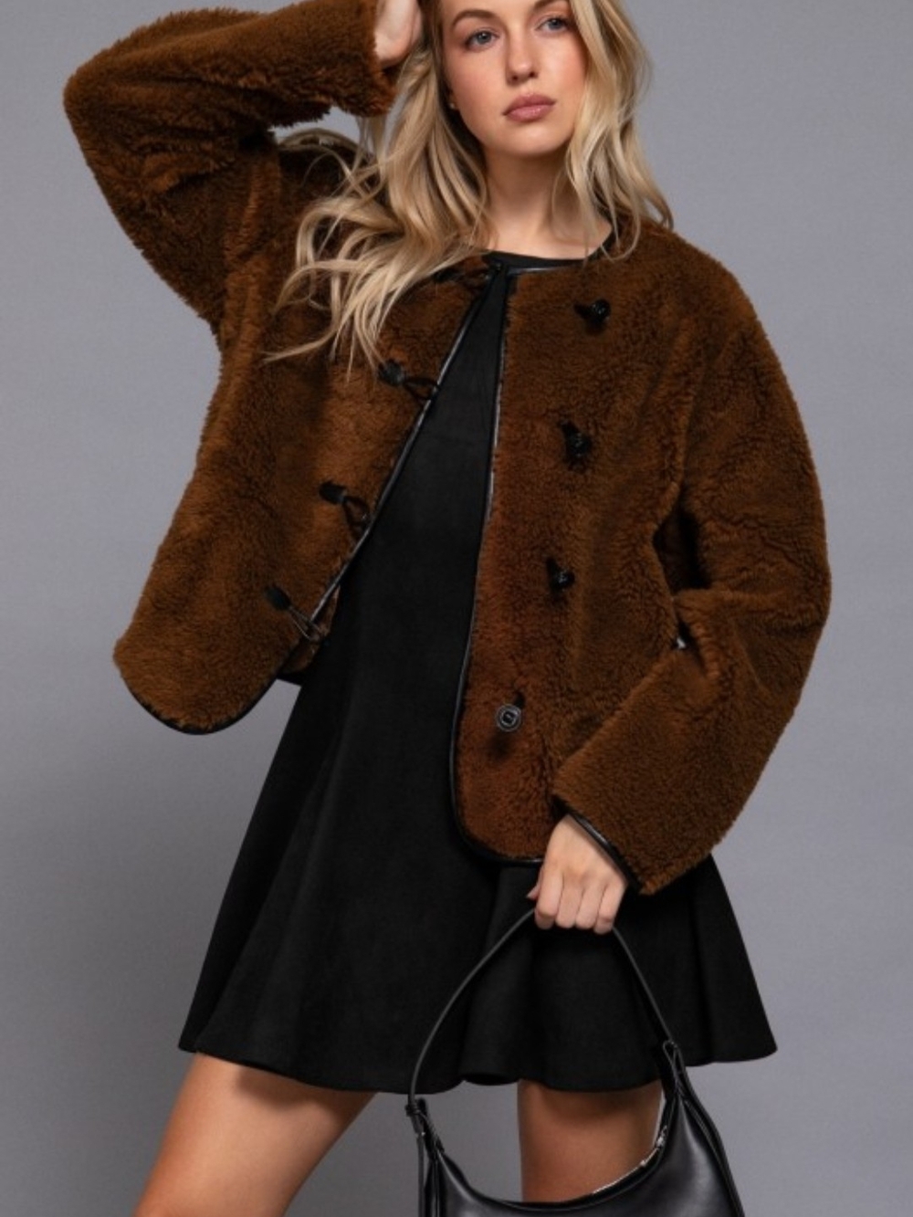Brown Faux Shearling Toggle Fluffy Jacket - Women